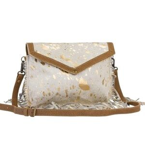 Myra Bag White Pony Hair On Fringe Shoulder or Crossbody Bag With Gold Foil
